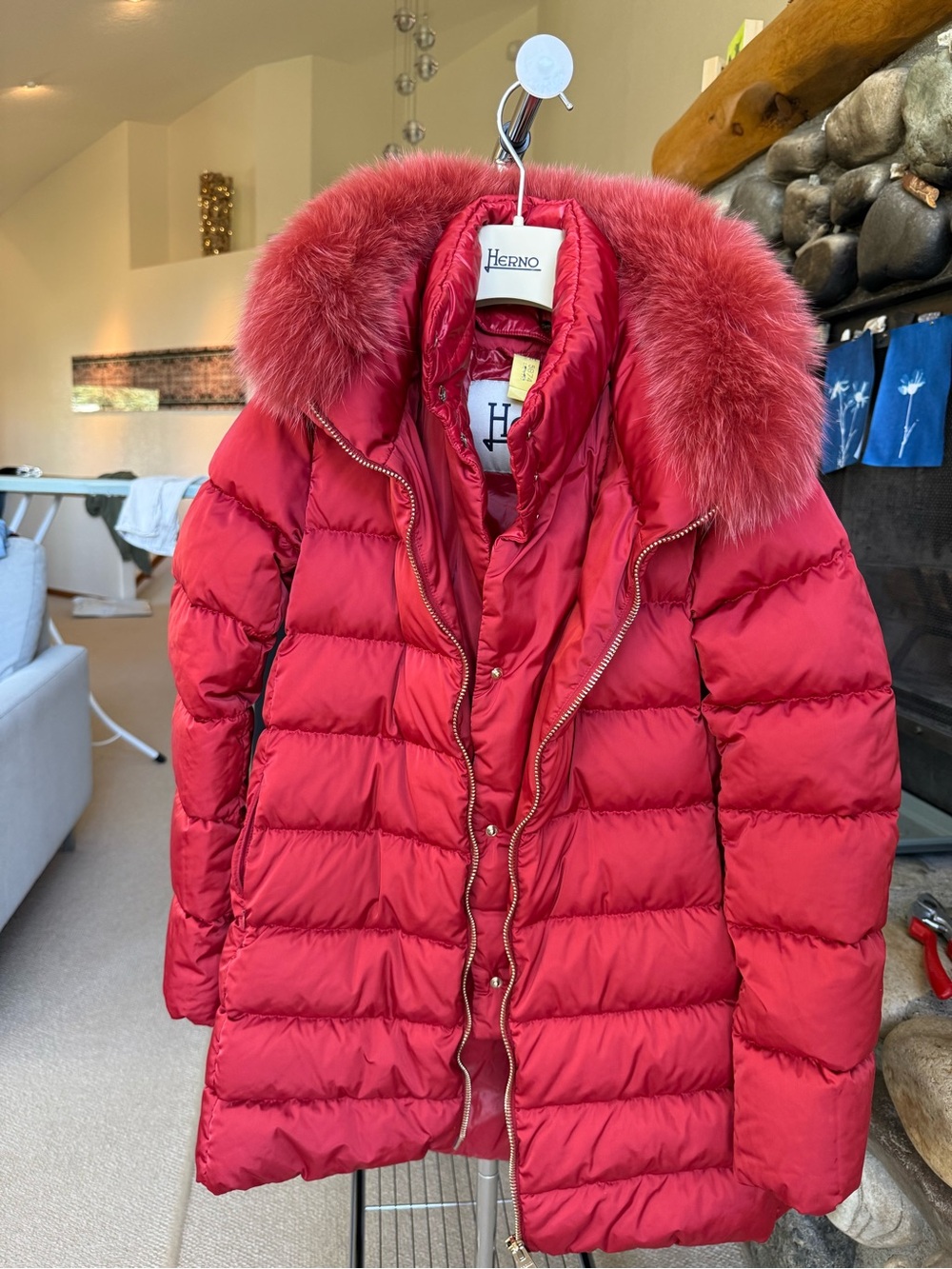 Herno Red Quilted Down Puffer Coat with Fur-Trim Hood